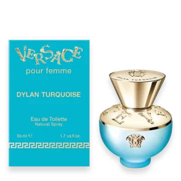 Bottle of Versace Dylan Turquoise Pour Femme featuring turquoise glass with gold Medusa emblem