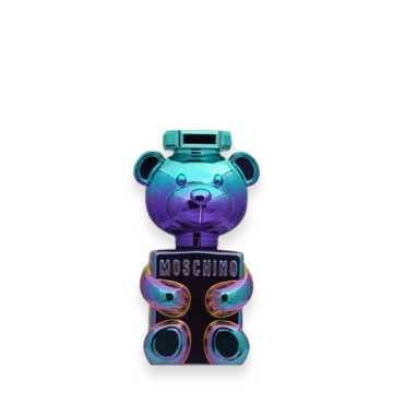 Colorful metallic teddy bear figure with a Moschino plaque on its chest