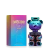 Rainbow gradient Moschino Toy 2 Pearl perfume bottle beside its box.