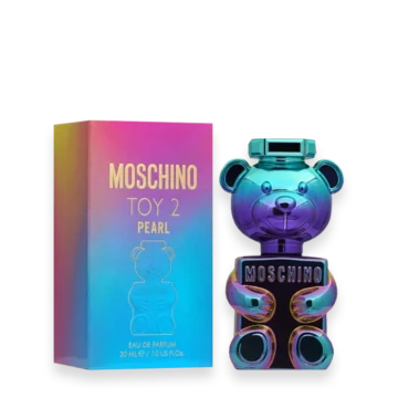 Rainbow gradient Moschino Toy 2 Pearl perfume bottle beside its box.