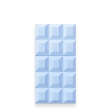 Blue chocolate bar with a grid of square segments on a white background, standing upright in a tall rectangular shape.