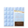 Left: pale blue segmented chocolate bar; right: light blue perfume packaging labeled 'Sweet Tooth by Sabrina Carpenter' with gold foil