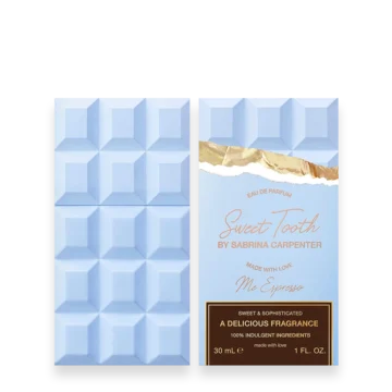 Left: pale blue segmented chocolate bar; right: light blue perfume packaging labeled 'Sweet Tooth by Sabrina Carpenter' with gold foil