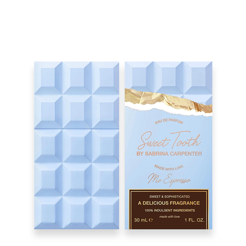 8861SC BOX » Scott Beauty Shop Left: pale blue segmented chocolate bar; right: light blue perfume packaging labeled 'Sweet Tooth by Sabrina Carpenter' with gold foil