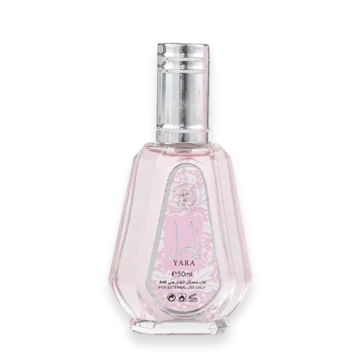 Pink glass perfume bottle with a silver cap, labeled 'YARA' 50 ml, for external use only.