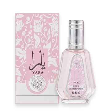 Pink Yara perfume box next to a pink glass perfume bottle with a silver cap, labeled Yara, 50 ml for external use only (product photo).