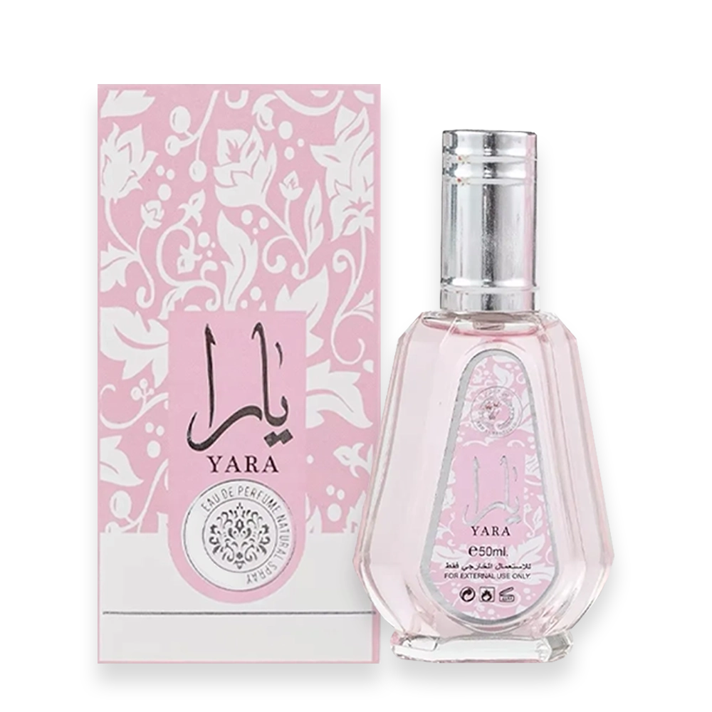 Yara by Lattafa Perfumes Eau de Parfum » Scott Beauty Shop Pink Yara perfume box next to a pink glass perfume bottle with a silver cap, labeled Yara, 50 ml for external use only (product photo).