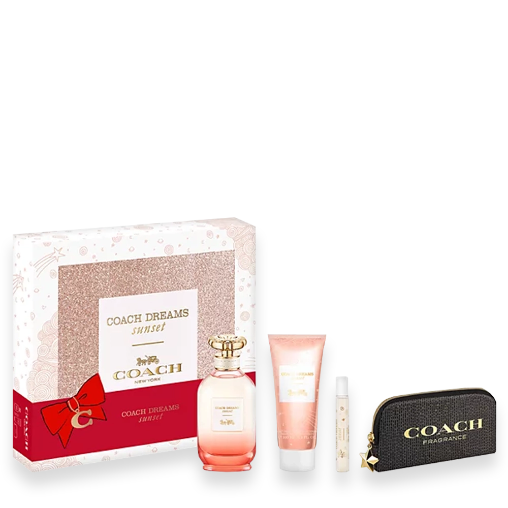 Coach Dreams Sunset Gift Set Eau de Parfum » Scott Beauty Shop Coach Dreams Sunset gift set including pink perfume bottle, lotion, rollerball, mini spray, and a black COACH pouch with gold lettering