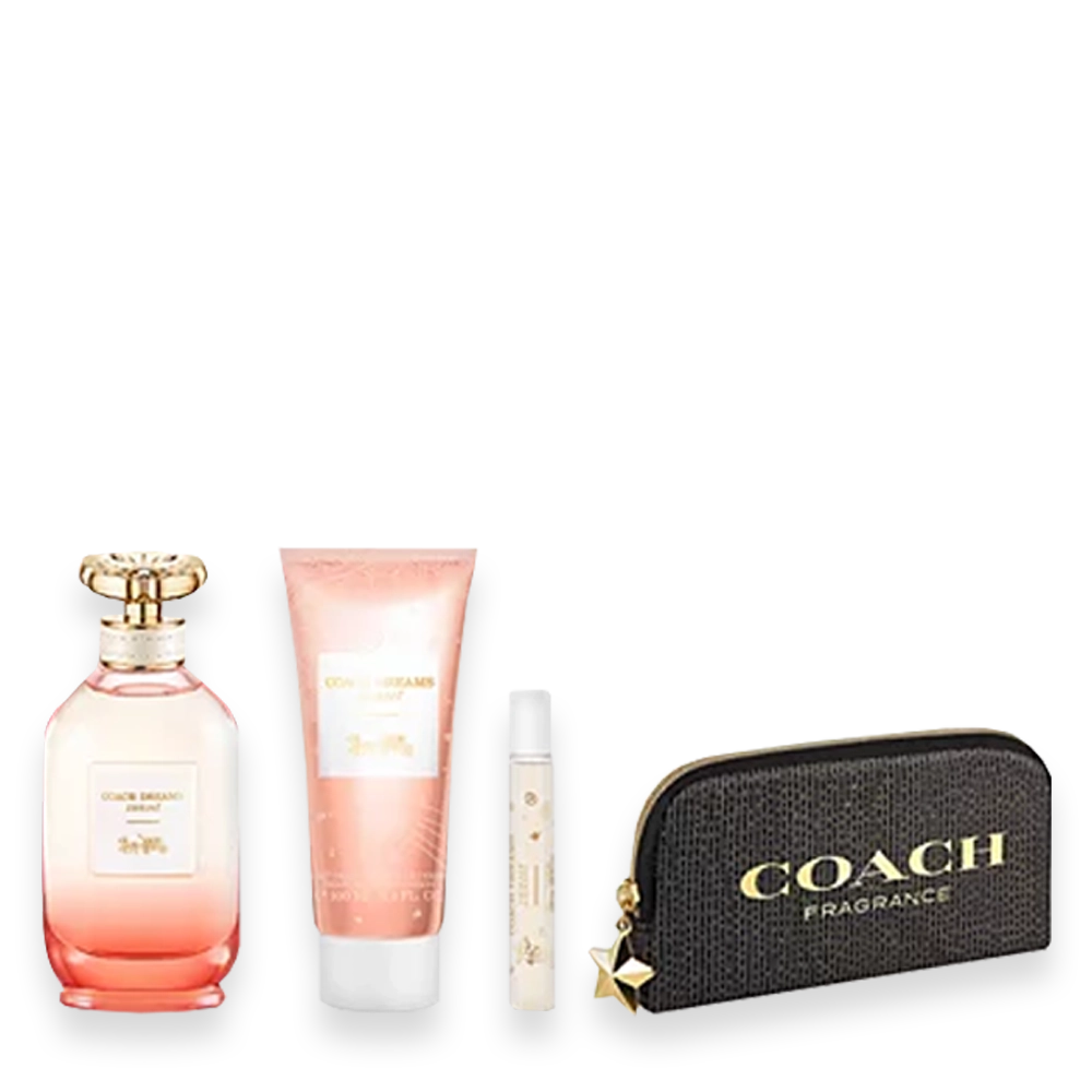 Coach Dreams Sunset Gift Set Eau de Parfum » Scott Beauty Shop Set of Coach fragrance items: pink perfume bottle, body lotion, rollerball, and a black Coach zip pouch.