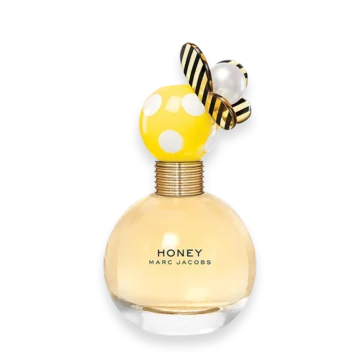Marc Jacobs Honey perfume bottle with a yellow bee cap and white polka dots, labeled ‘Honey Marc Jacobs’ on the rounded bottle silhouette