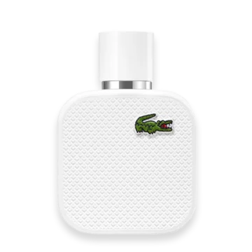 White square perfume bottle with a textured surface and the green Lacoste crocodile logo.