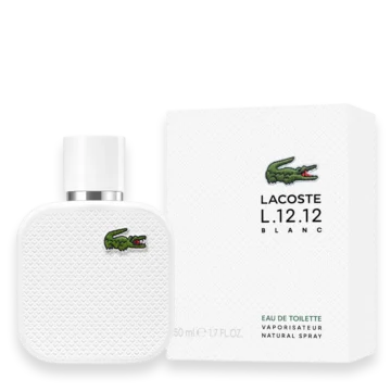 Lacoste L.12.12 Blanc Eau de Toilette bottle beside its white textured box with Lacoste logo (green crocodile).