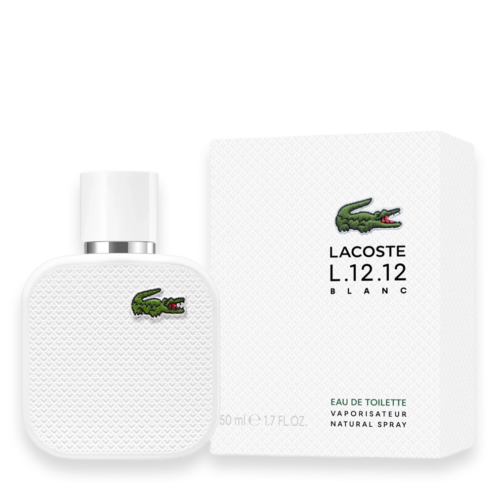Lacoste L.12.12 Blanc Eau de Toilette » Scott Beauty Shop Lacoste L.12.12 Blanc Eau de Toilette bottle beside its white textured box with Lacoste logo (green crocodile).