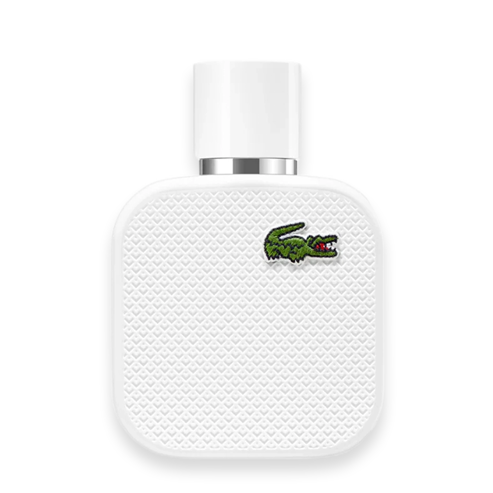Lacoste L.12.12 Blanc Eau de Toilette » Scott Beauty Shop White square perfume bottle with a textured surface and the green Lacoste crocodile logo.