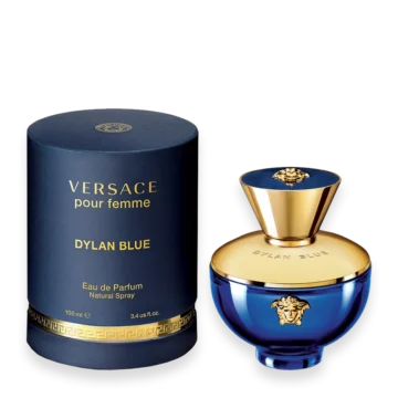 Versace Dylan Blue Pour Femme – Elegant Fruity Floral Fragrance for Women » Scott Beauty Shop Versace Dylan Blue Pour Femme perfume bottle with deep blue glass and gold Medusa emblem