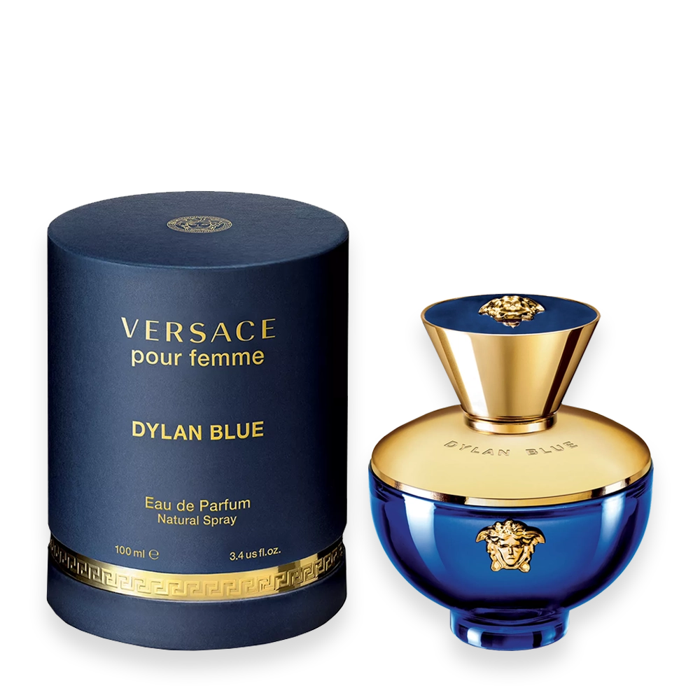 Versace Dylan Blue Pour Femme – Elegant Fruity Floral Fragrance for Women » Scott Beauty Shop Versace Dylan Blue Pour Femme perfume bottle with deep blue glass and gold Medusa emblem