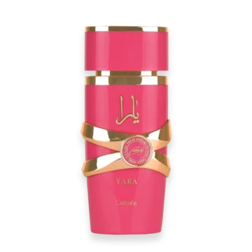 Pink perfume bottle with gold bands and circular emblem, labeled YARA by Lattafa.