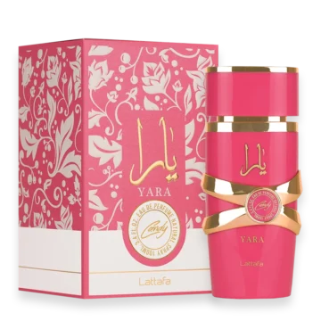 Pink perfume bottle with gold band and decorative box reading YARA Lattafa, candy perfume, for women.