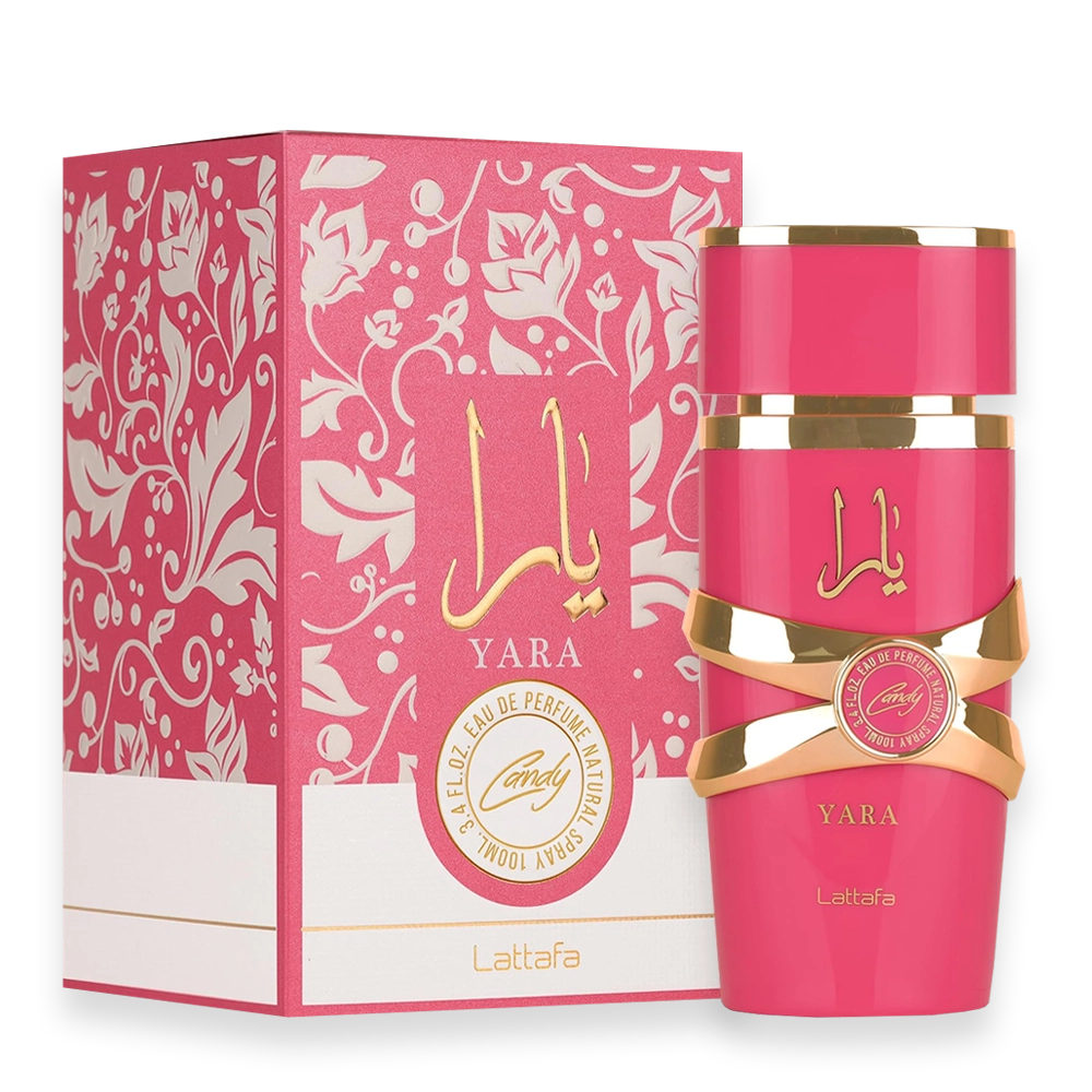 Yara Candy by Lattafa Perfumes Eau de Parfum » Scott Beauty Shop Pink perfume bottle with gold band and decorative box reading YARA Lattafa, candy perfume, for women.