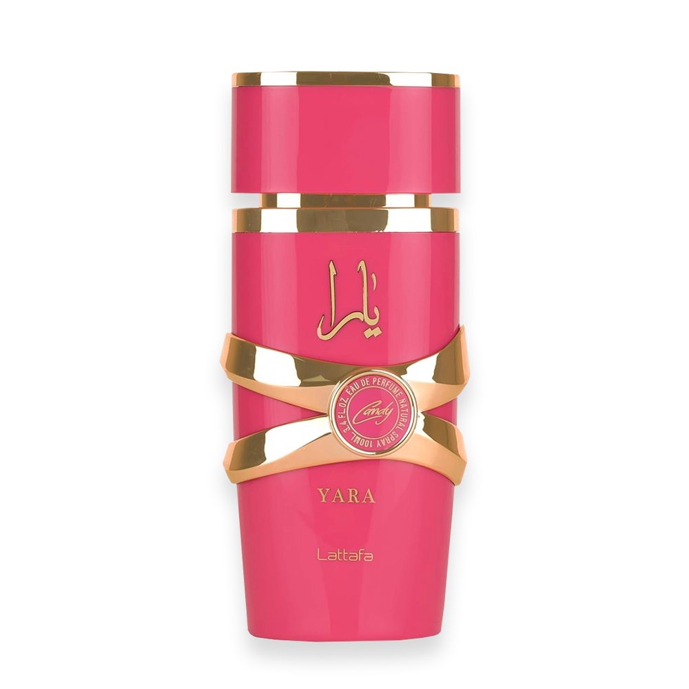 Yara Candy by Lattafa Perfumes Eau de Parfum » Scott Beauty Shop Pink perfume bottle with gold bands and circular emblem, labeled YARA by Lattafa.