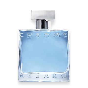 Bottle of Chrome by Azzaro men’s perfume with a sleek silver design and modern, minimalist style