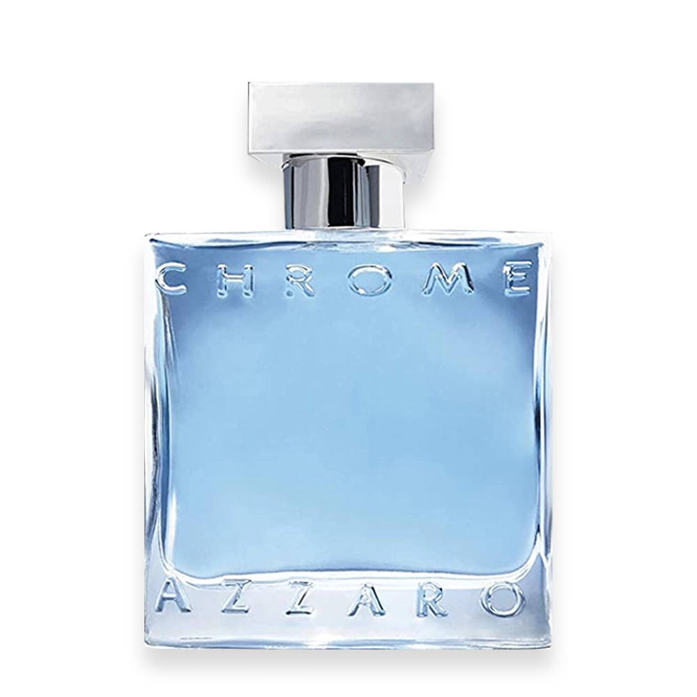 Chrome by Azzaro Perfume | Fresh Citrus Aquatic Fragrance for Men » Scott Beauty Shop Bottle of Chrome by Azzaro men’s perfume with a sleek silver design and modern, minimalist style