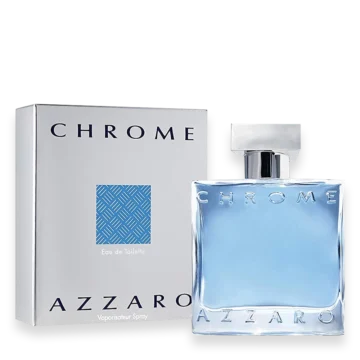 Bottle of Chrome by Azzaro men’s perfume with a sleek silver design and modern, minimalist style