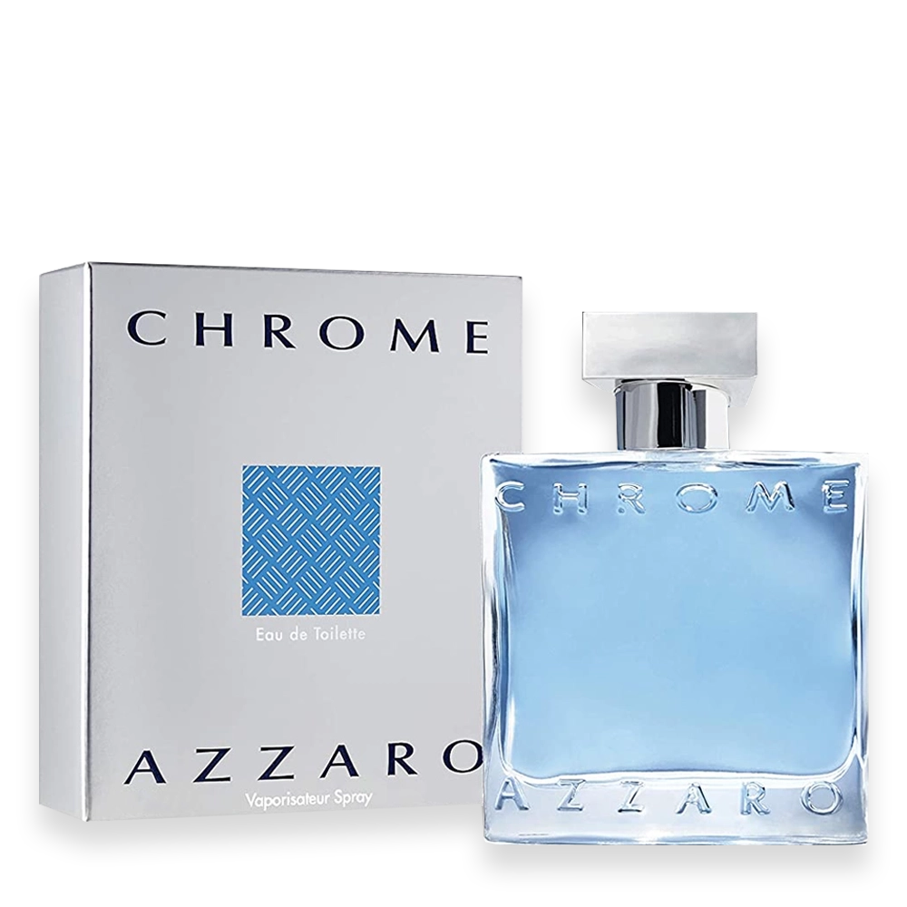 Chrome by Azzaro Perfume | Fresh Citrus Aquatic Fragrance for Men » Scott Beauty Shop Bottle of Chrome by Azzaro men’s perfume with a sleek silver design and modern, minimalist style