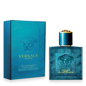 Versace Eros – Bold Fresh Woody Fragrance for Men » Scott Beauty Shop Versace Eros men’s perfume bottle with turquoise design and Medusa emblem
