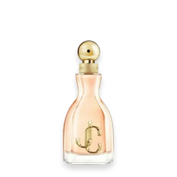 Bottle of Jimmy Choo I Want Choo perfume featuring a bold pink and gold design with playful detailing