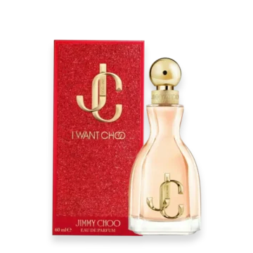 Bottle of Jimmy Choo I Want Choo perfume featuring a bold pink and gold design with playful detailing