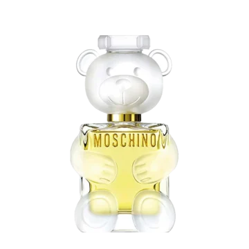 Bottle of Toy 2 by Moschino perfume featuring the iconic clear teddy bear-shaped design