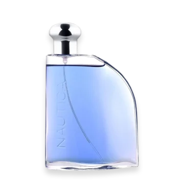 Blue perfume bottle with a curved glass shape and a silver cap filled with light-blue liquid