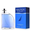 Nautica Blue Sail eau de toilette bottle beside its blue box, showing curved glass and silver cap on the left and a blue box on the right