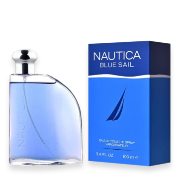 Nautica Blue Sail eau de toilette bottle beside its blue box, showing curved glass and silver cap on the left and a blue box on the right