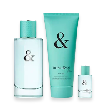 Gift set of Tiffany & Co fragrances: three turquoise-accented bottles (tall clear bottle with teal cap, large teal tube labeled & for her, small clear bottle).