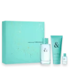 Turquoise Tiffany & Co. gift set with a perfume bottle, lotion tube, and a small fragrance bottle beside a turquoise box with gold confetti pattern.