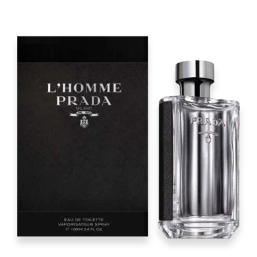 Prada L’Homme Eau de Toilette Spray » Scott Beauty Shop Prada L'Homme eau de toilette bottle beside a black textured Prada box.