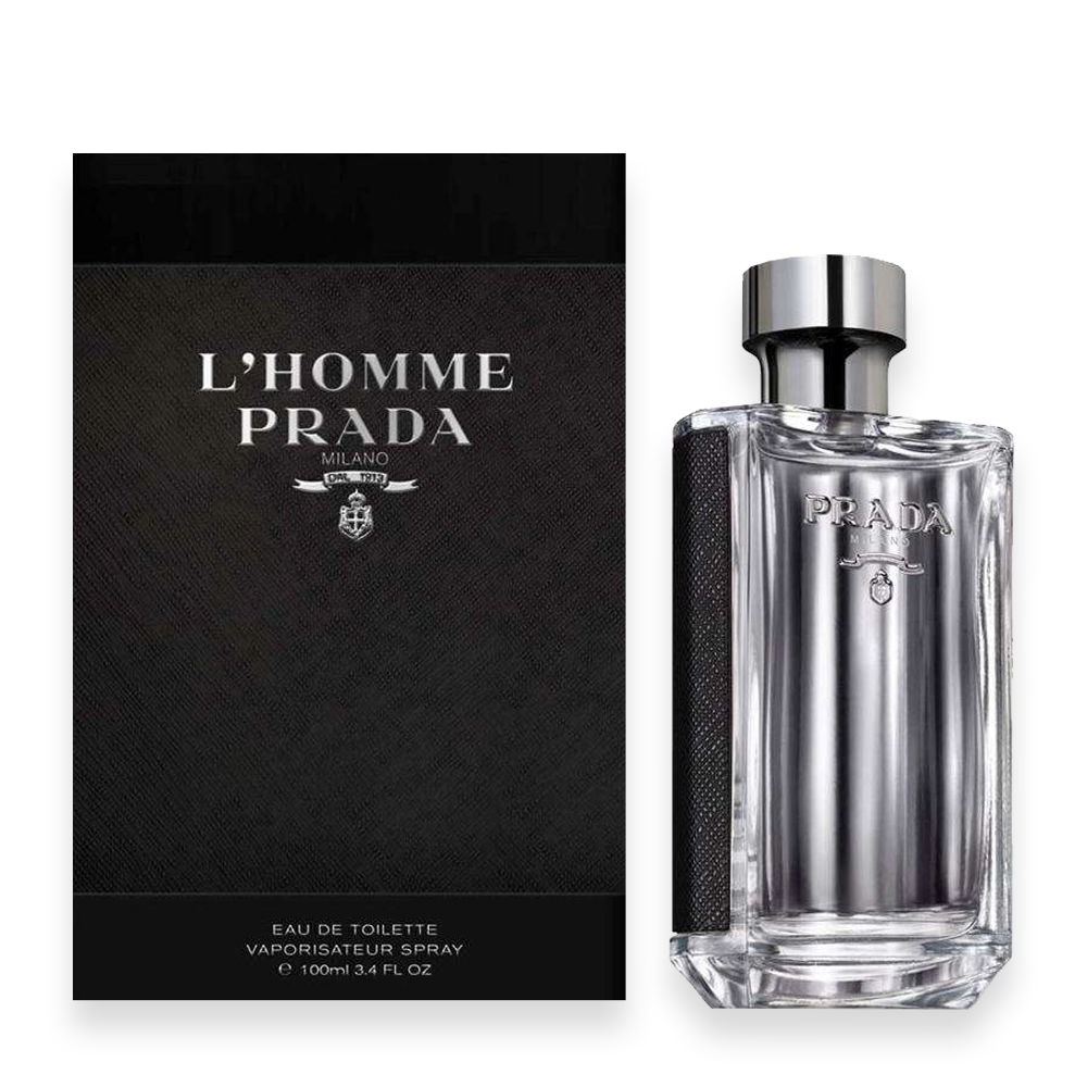 Prada L’Homme Eau de Toilette Spray » Scott Beauty Shop Prada L'Homme eau de toilette bottle beside a black textured Prada box.