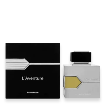 Al Haramain L'Aventure Eau de Parfum men's fragrance bottle with sleek black and gold design