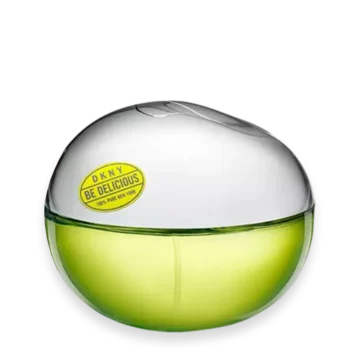 DKNY Be Delicious perfume bottle shaped like a green apple with silver cap