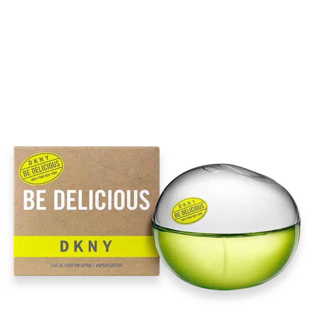DKNY Be Delicious Eau de Parfum by DKNY » Scott Beauty Shop DKNY Be Delicious perfume bottle shaped like a green apple with silver cap