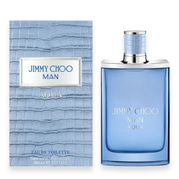Jimmy Choo Man Aqua men's fragrance bottle with blue glass and silver cap