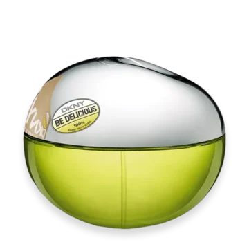 DKNY Be Delicious perfume bottle shaped like a green apple with silver cap