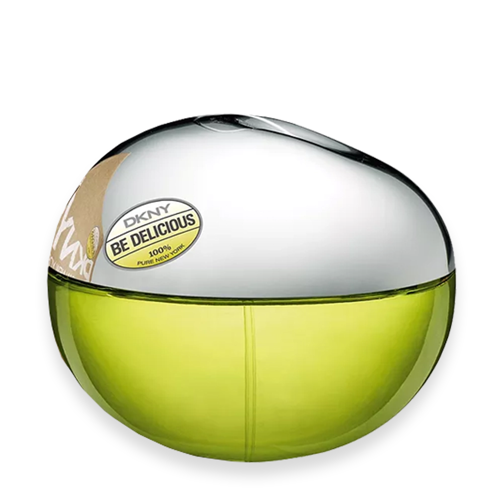DKNY Be Delicious Eau de Parfum by DKNY » Scott Beauty Shop DKNY Be Delicious perfume bottle shaped like a green apple with silver cap