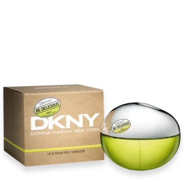 DKNY Be Delicious perfume bottle shaped like a green apple with silver cap