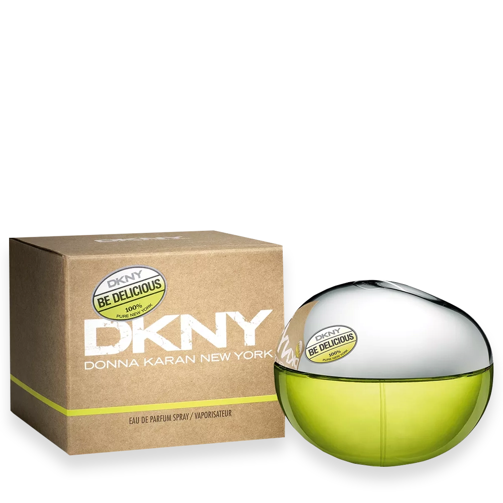 DKNY Be Delicious Eau de Parfum by DKNY » Scott Beauty Shop DKNY Be Delicious perfume bottle shaped like a green apple with silver cap