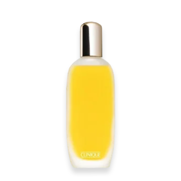 Aromatics Elixir by Clinique perfume bottle with gold cap and square glass design