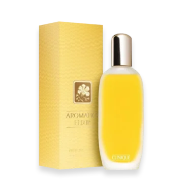 Aromatics Elixir by Clinique perfume bottle with gold cap and square glass design