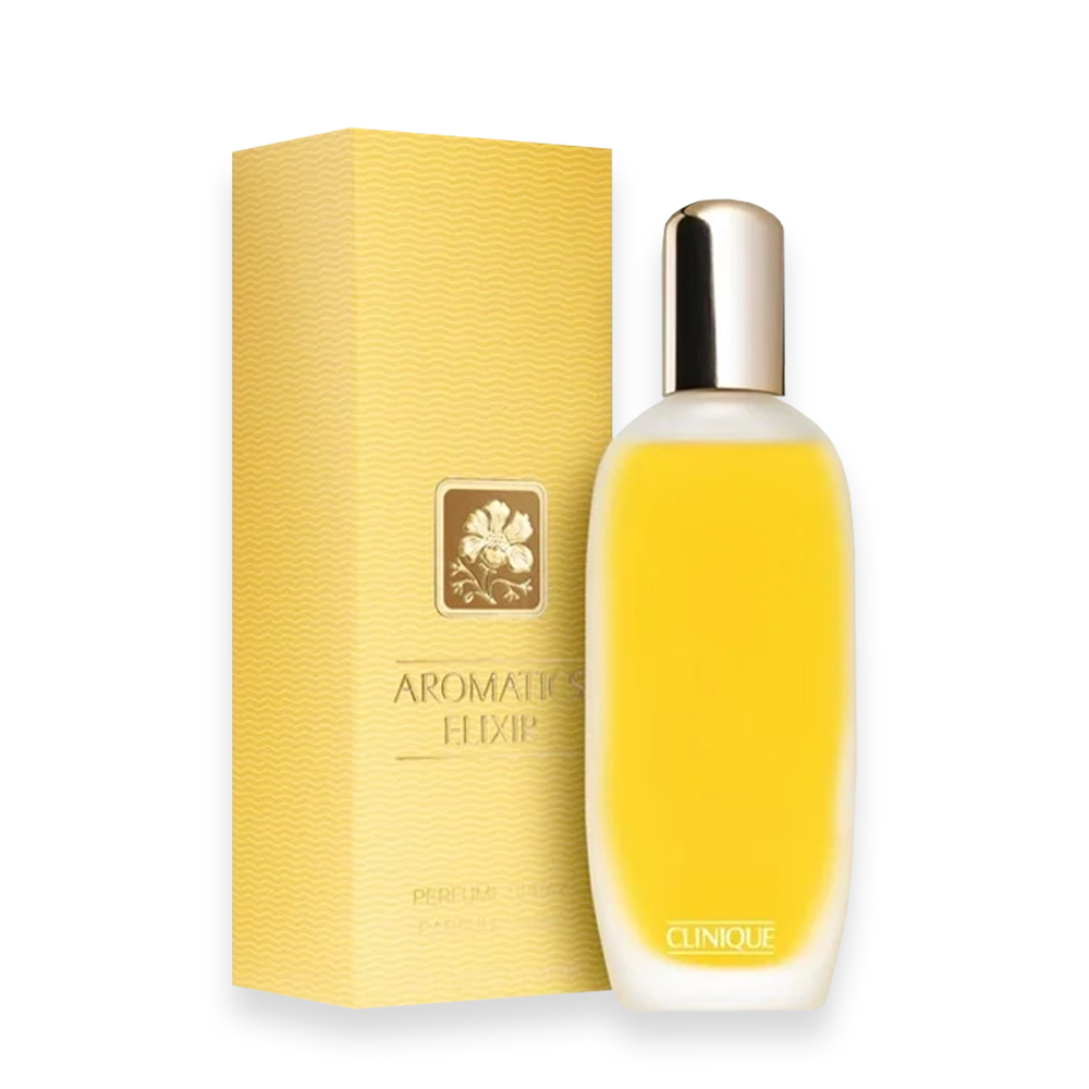 Aromatics Elixir by Clinique – Classic Chypre Floral Perfume » Scott Beauty Shop Aromatics Elixir by Clinique perfume bottle with gold cap and square glass design